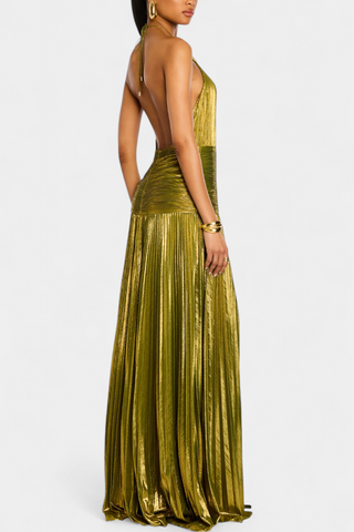 Emma | Metalic Halter Dress with Open Back