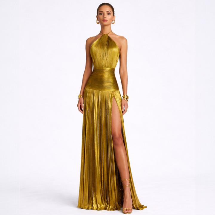 Emma | Metalic Halter Dress with Open Back