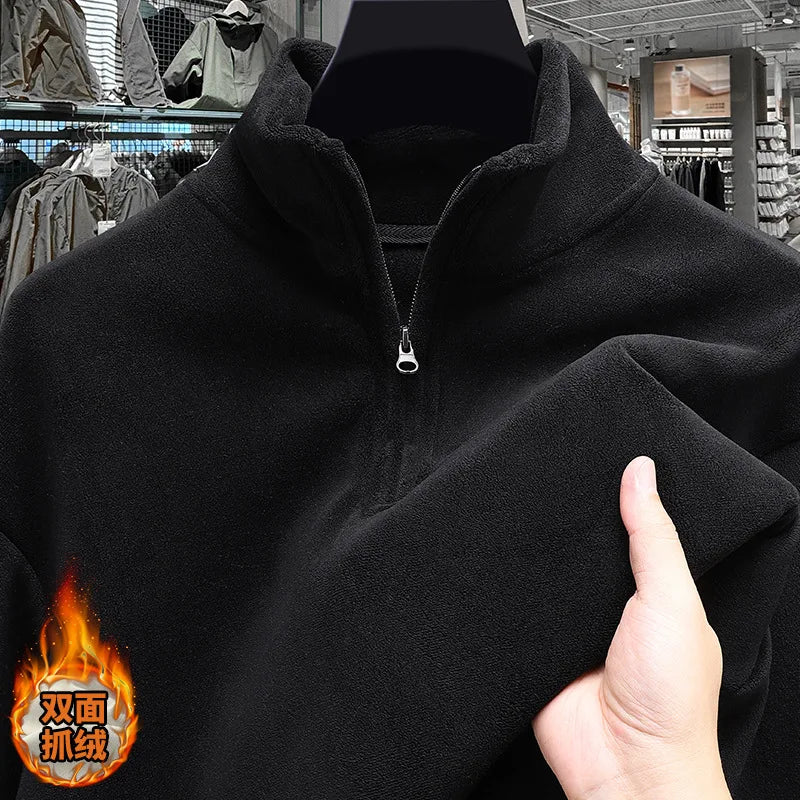 Moletom com capuz de lã espessada com zíper e meio zíper Camiseta térmica masculina de manga comprida com padrão geométrico de fibra de poliéster inverno Fa...