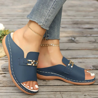 2026 Fashion Summer Wedge Heel Thick Soled Slippers Metal Decoration Roman Sandals Fashionable Women Slippers Large Size 36-43