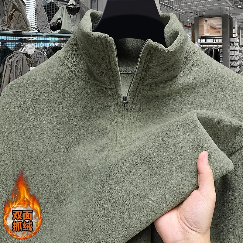 Moletom com capuz de lã espessada com zíper e meio zíper Camiseta térmica masculina de manga comprida com padrão geométrico de fibra de poliéster inverno Fa...