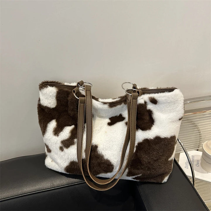 Grande capacidade sacos de compras para as mulheres inverno viagem sacola vaca impressão bolsa de ombro de pelúcia senhoras bolsa designer bolsos
