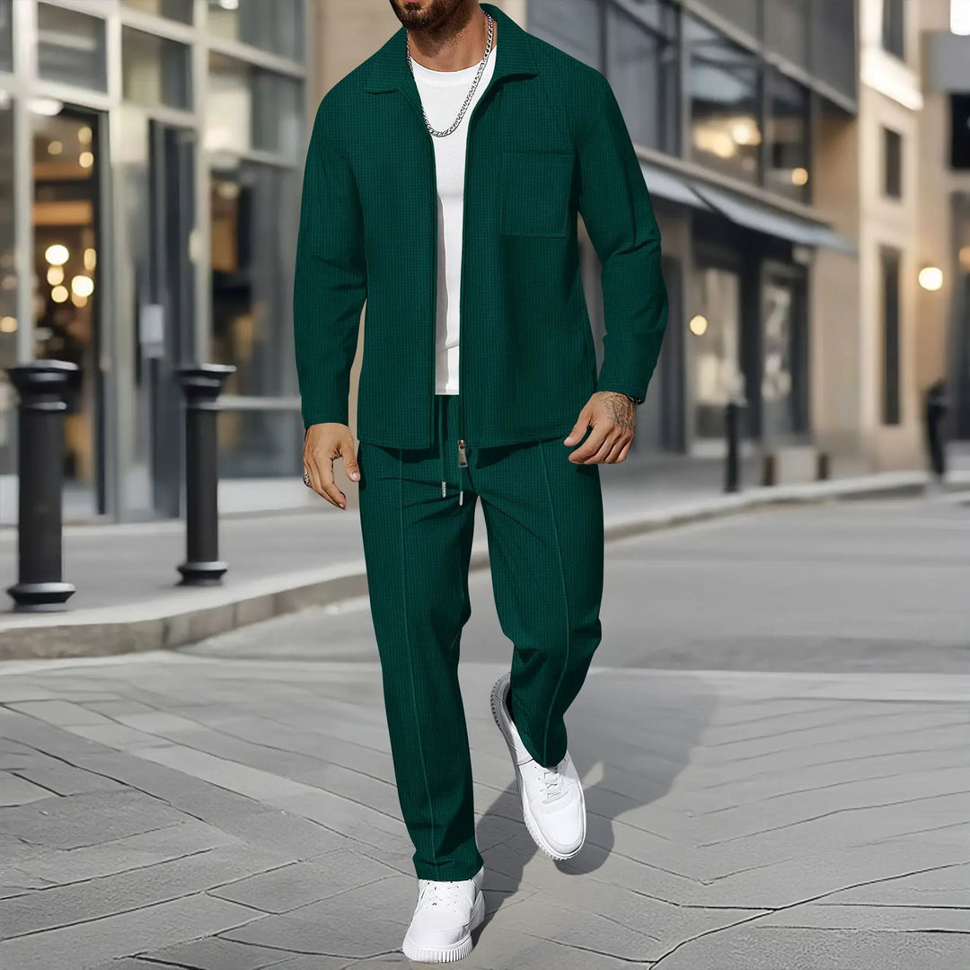 Herre Business Casual 2-delt Sett – Vaffeljakke med Glidelås & Bukse