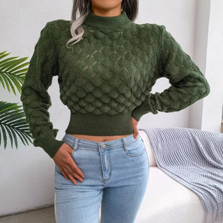 Sexy Hollow-out Knitted Sweaters for Women Scale Knit Pullover Female Autumn Winter Solid Color Long Sleeve Cropped Tops