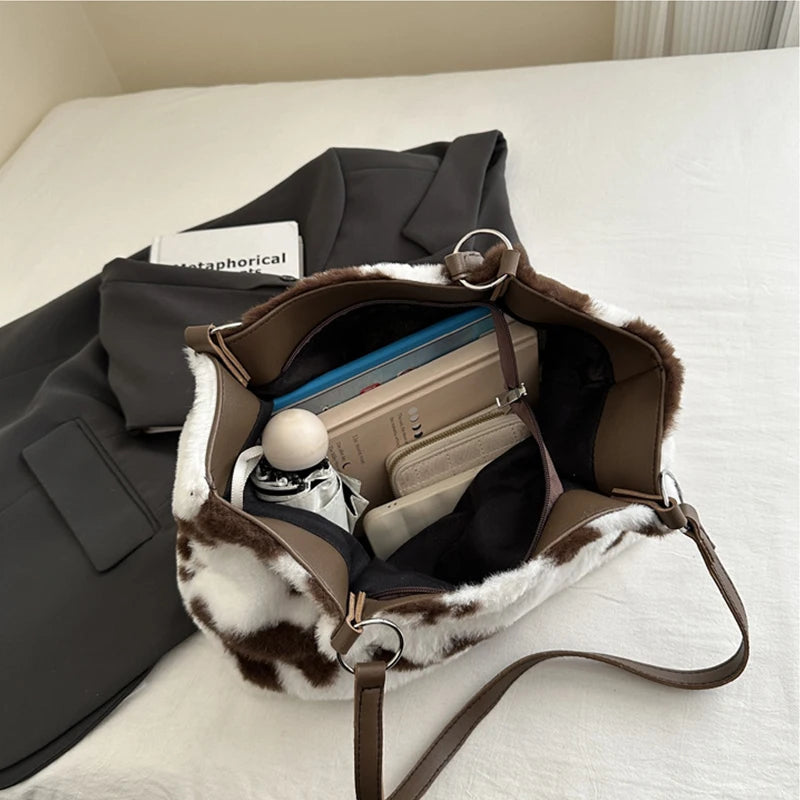 Grande capacidade sacos de compras para as mulheres inverno viagem sacola vaca impressão bolsa de ombro de pelúcia senhoras bolsa designer bolsos