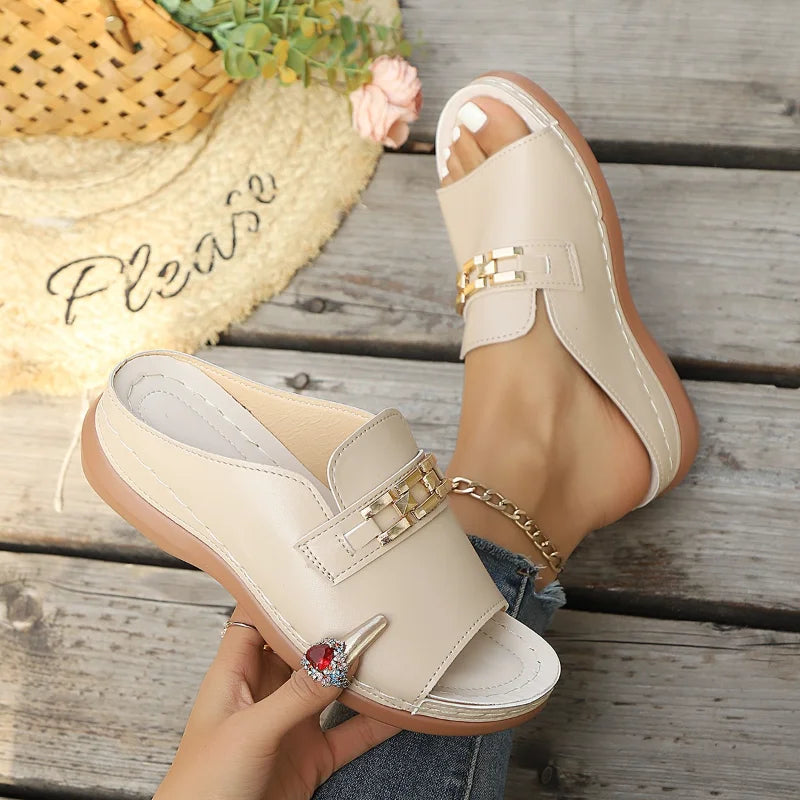 2026 Fashion Summer Wedge Heel Thick Soled Slippers Metal Decoration Roman Sandals Fashionable Women Slippers Large Size 36-43