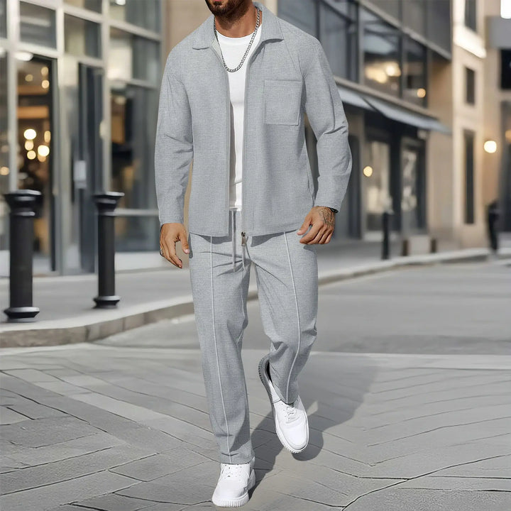 Herre Business Casual 2-delt Sett – Vaffeljakke med Glidelås & Bukse