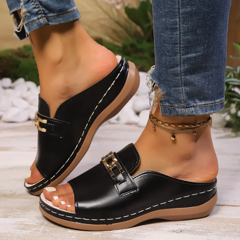 2026 Fashion Summer Wedge Heel Thick Soled Slippers Metal Decoration Roman Sandals Fashionable Women Slippers Large Size 36-43