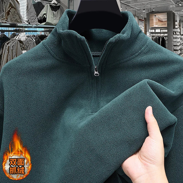 Moletom com capuz de lã espessada com zíper e meio zíper Camiseta térmica masculina de manga comprida com padrão geométrico de fibra de poliéster inverno Fa...