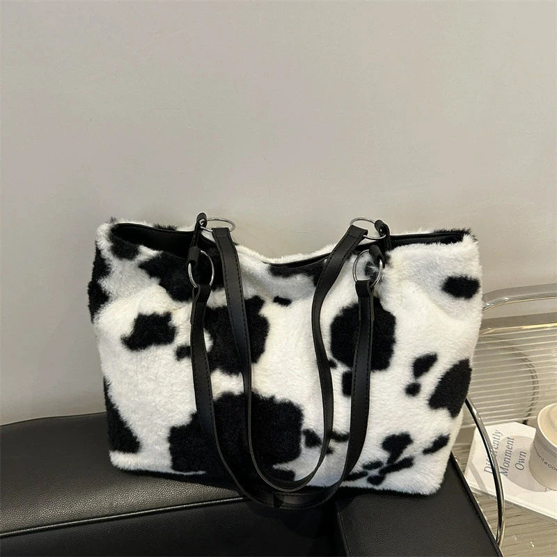 Grande capacidade sacos de compras para as mulheres inverno viagem sacola vaca impressão bolsa de ombro de pelúcia senhoras bolsa designer bolsos
