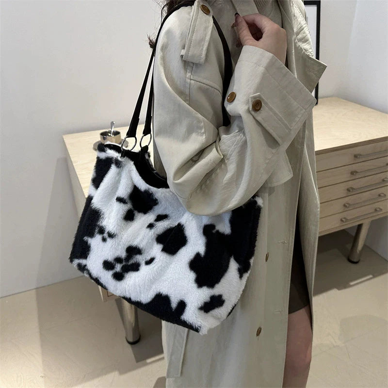 Grande capacidade sacos de compras para as mulheres inverno viagem sacola vaca impressão bolsa de ombro de pelúcia senhoras bolsa designer bolsos