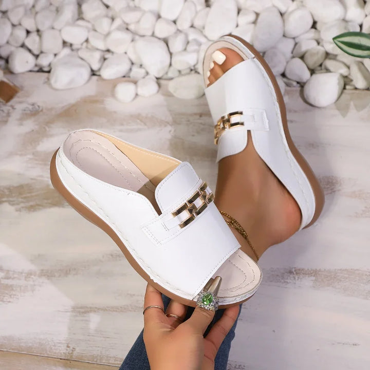 2026 Fashion Summer Wedge Heel Thick Soled Slippers Metal Decoration Roman Sandals Fashionable Women Slippers Large Size 36-43
