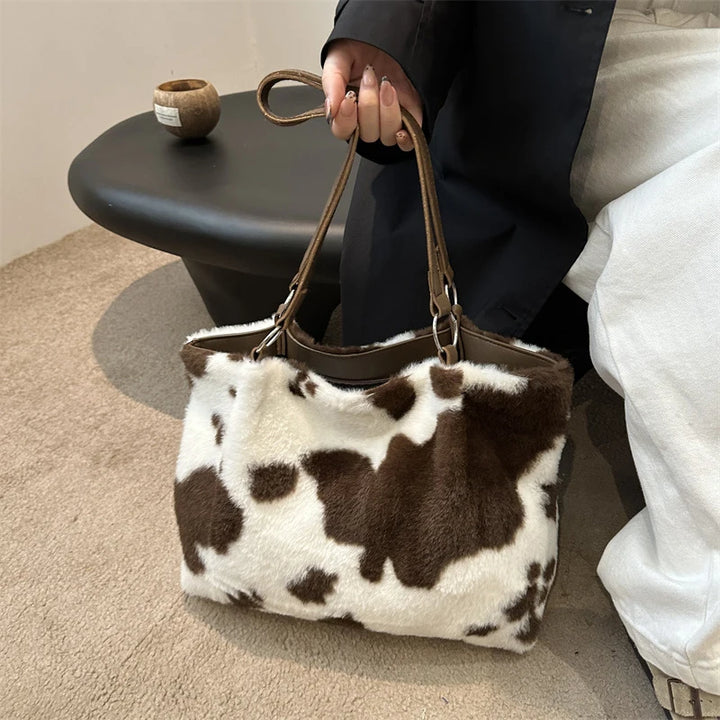 Grande capacidade sacos de compras para as mulheres inverno viagem sacola vaca impressão bolsa de ombro de pelúcia senhoras bolsa designer bolsos