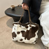 Grande capacidade sacos de compras para as mulheres inverno viagem sacola vaca impressão bolsa de ombro de pelúcia senhoras bolsa designer bolsos
