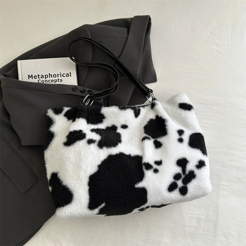 Grande capacidade sacos de compras para as mulheres inverno viagem sacola vaca impressão bolsa de ombro de pelúcia senhoras bolsa designer bolsos
