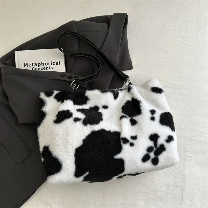 Grande capacidade sacos de compras para as mulheres inverno viagem sacola vaca impressão bolsa de ombro de pelúcia senhoras bolsa designer bolsos