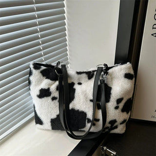 Grande capacidade sacos de compras para as mulheres inverno viagem sacola vaca impressão bolsa de ombro de pelúcia senhoras bolsa designer bolsos