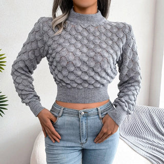 Sexy Hollow-out Knitted Sweaters for Women Scale Knit Pullover Female Autumn Winter Solid Color Long Sleeve Cropped Tops