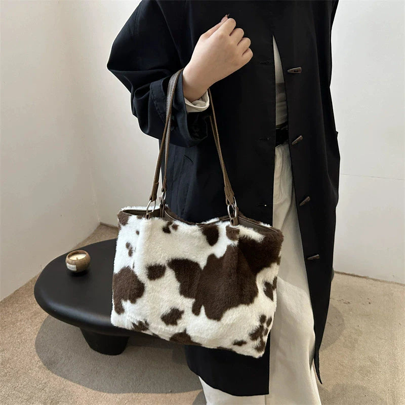 Grande capacidade sacos de compras para as mulheres inverno viagem sacola vaca impressão bolsa de ombro de pelúcia senhoras bolsa designer bolsos