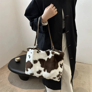 Grande capacidade sacos de compras para as mulheres inverno viagem sacola vaca impressão bolsa de ombro de pelúcia senhoras bolsa designer bolsos