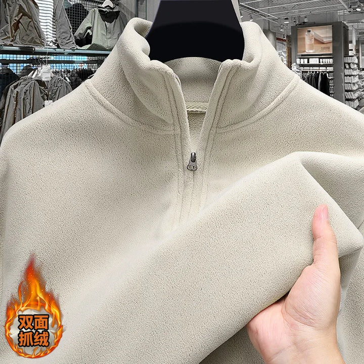 Moletom com capuz de lã espessada com zíper e meio zíper Camiseta térmica masculina de manga comprida com padrão geométrico de fibra de poliéster inverno Fa...