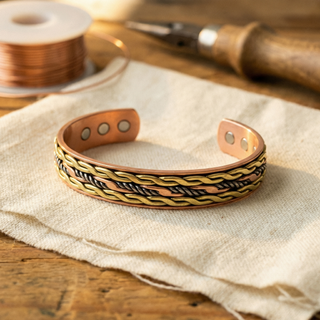 Fiona | Tri-Metal Twisted Copper Cuff Bracelet" can be rewritten as:

"Fiona | Twisted Copper Cuff Bracelet in Tri-Metal Design