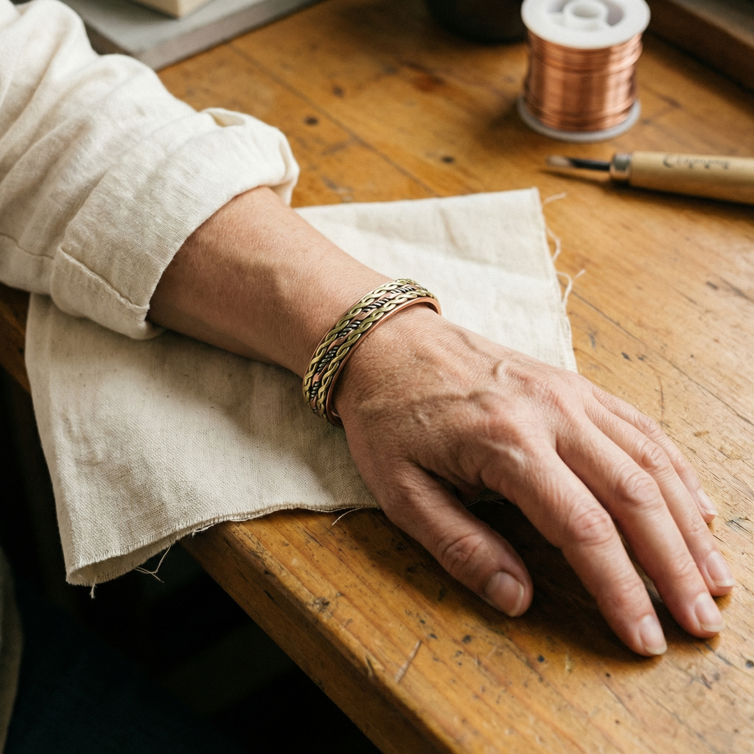 Fiona | Tri-Metal Twisted Copper Cuff Bracelet" can be rewritten as:

"Fiona | Twisted Copper Cuff Bracelet in Tri-Metal Design