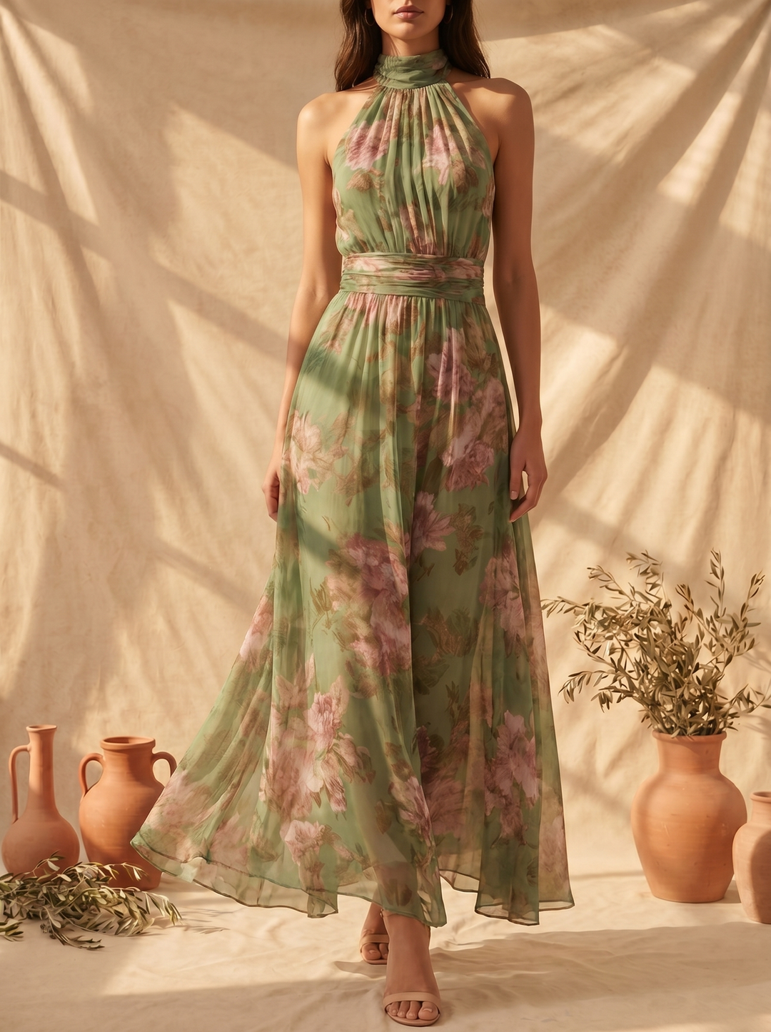 Livia | Elegant Maxi Halter Floral Dress