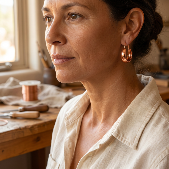Brianna | Lygūs Apvalūs Variniai Auskarai" can be rewritten as "Brianna | Smooth Round Copper Earrings.
