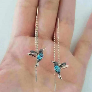 Golden Wire Earrings with Hummingbird and Crystals