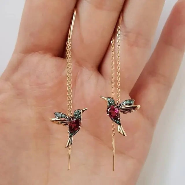 Golden Wire Earrings with Hummingbird and Crystals